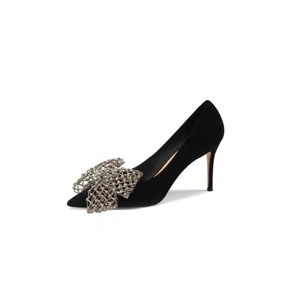 

designer heels women dress shoes luxury bowtie suede pumps pointy toes eu35-42 with box wedding party, Black