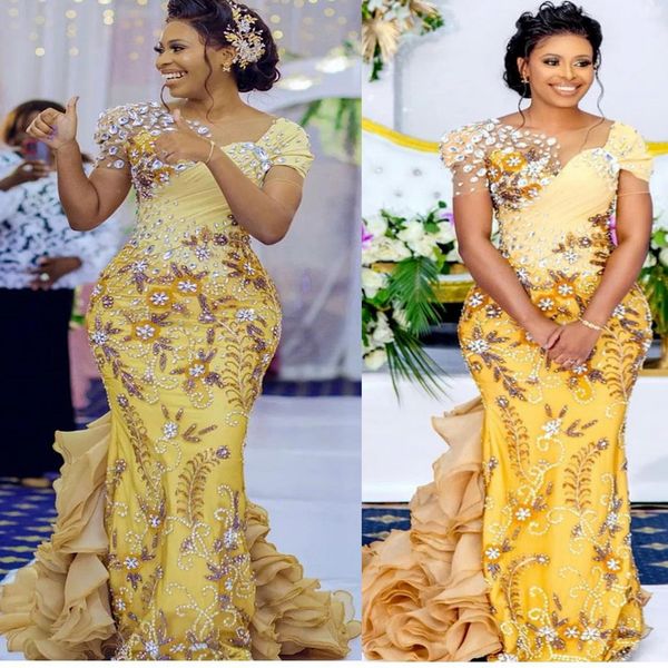 

2023 arabic aso ebi mermaid gold prom dresses crystals beaded luxurious evening formal party second reception birthday engagement gowns dres, Black
