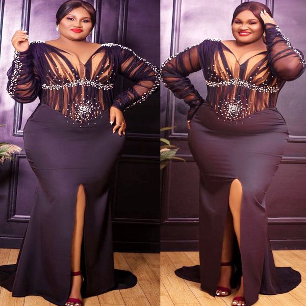 

2023 arabic aso ebi black mermaid prom dresses beaded pearls evening formal party second reception birthday engagement bridesmaid gowns dres