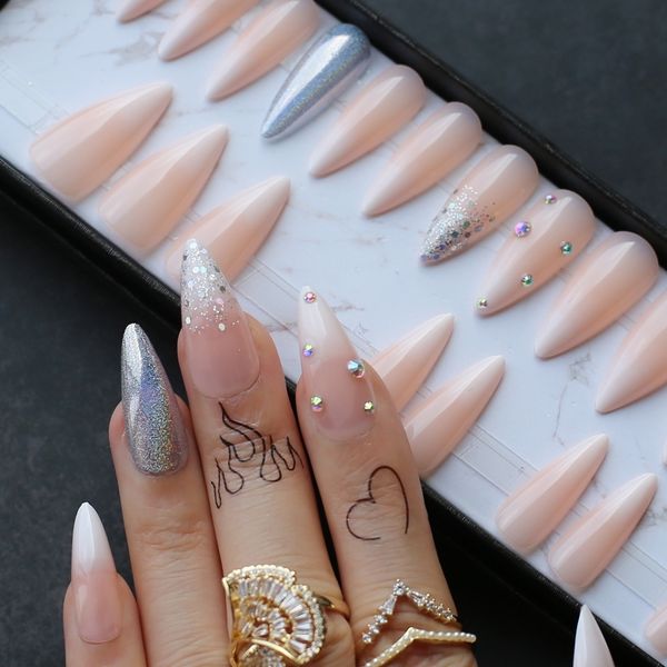 

false nails glitter ombre stiletto baby nude fake nails ab hologram fasle press on nail crystal tip gift box 230114, Red;gold