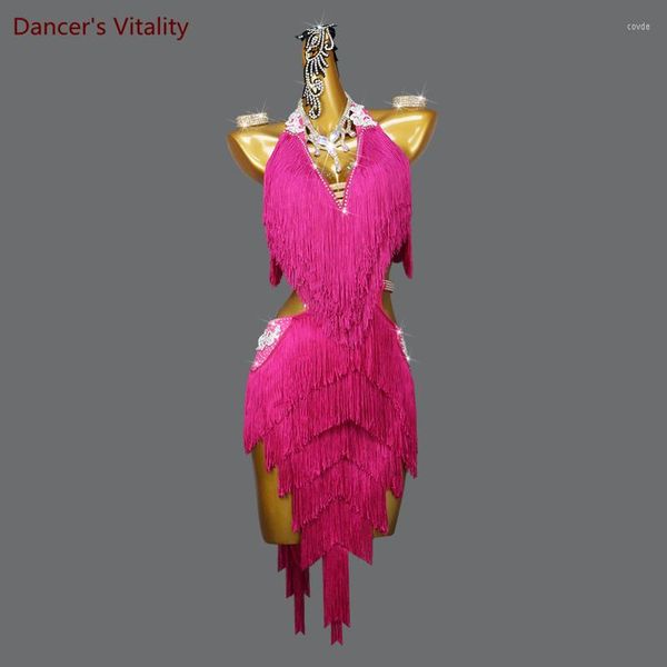 

stage wear latin dance dress women competition flamengo rumba chacha tassel costume skirt customzied children practice, Black;red