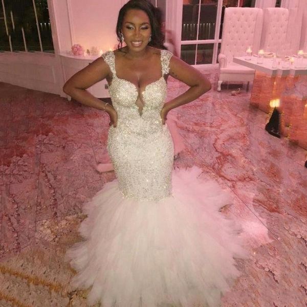 

2023 luxury african mermaid wedding dresses ruffled tiered beaded crystal sweetheart cap sleeves court train backless bridal gowns vestidos, White