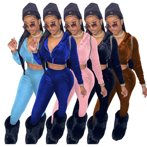 

designer velvet tracksuits women fall winter sweatsuits long sleeve hooded jacket and pants two piece sets velour outfits casual jogger suit, Gray