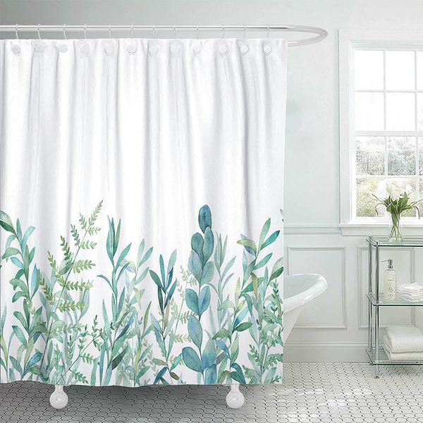 

emvency fabric shower curtain curtains with hooks green eucalyptus watercolor floral pattern botanical artistic border botany bouquet branch, Black;brown