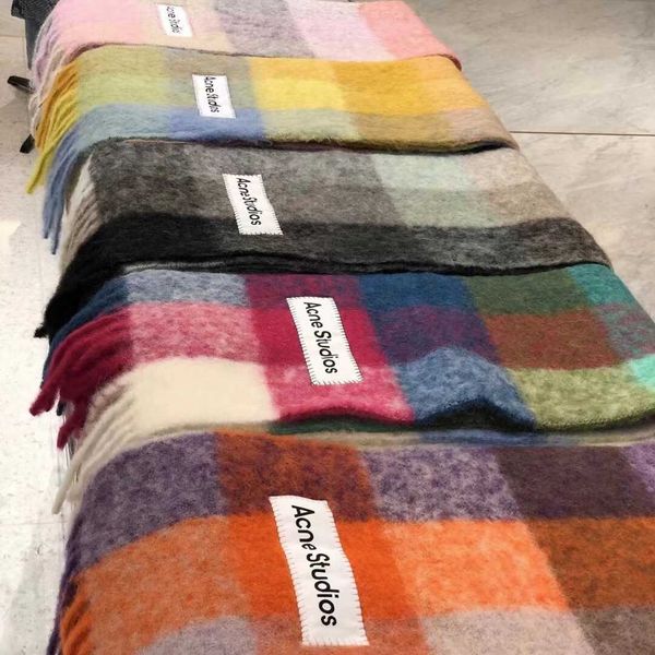 

2023 new launch acne studios men's women's cashmere scarf tassel colorful plaid ac shawl wraps winter thick warm soft blanket, Blue;gray