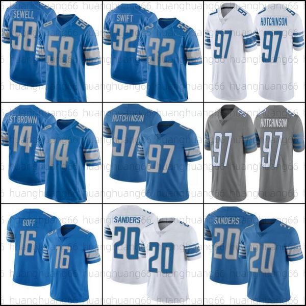 

97 aidan hutchinson barry sanders football jersey amon-ra st. brown 9 jameson williams jared goff d'andre swift penei sewell malcolm me, Black;red