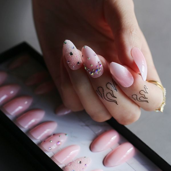 

false nails almond acrylic fake nail gift box design ombre nails crystal baby pink boom stiletto 230114, Red;gold