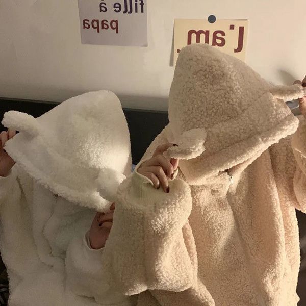 

womens hoodies sweatshirts autumn winter women green beige zipup sweatshirt kawaii fleece faux fur long sleeve hooded teddy bear ears soft h, Black