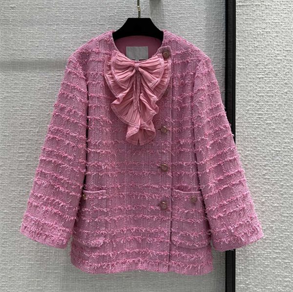 

wool & blends european and american women's clothes 2023 spring new long sleeve bow pink round neck fashion tweed coat, Black