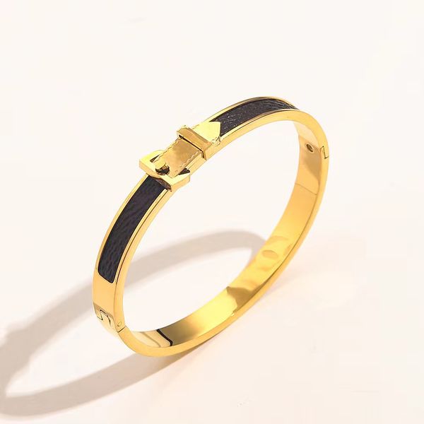

designer jewelry women leather bracelets gold bangle with belt buckle hardware stainless steel fashion brown four leaf flower pattern logo s, Black
