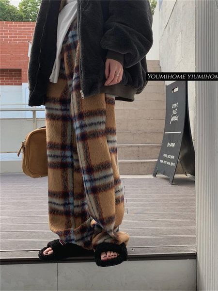 

womens pants capris qweek 90s vintage brown fleece plaid pants women korean fashion retro oversized wide leg trousers female winter checked, Black;white