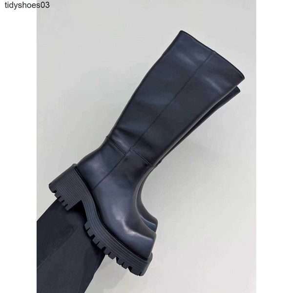 

2022 new european square-headed british style chimney boots leather thick soled high barrel martin women's knee-length riding boots, Black