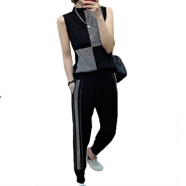 

two piece dress 2022 summer two piece set women fashion sleeveless vest rhinestone 2 piece set women high waist casual knitted tracksuit wom, White