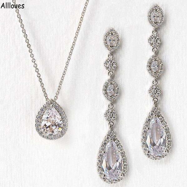 

luxurious crysatls bridal jewelry sets for wedding sparkly rhinestone water drop earrings necklace women formal events prom jewelry sets acc, White