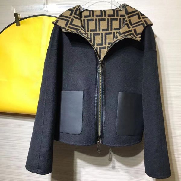 

womens designer double f jackets new wool short hooded jacket double-sided with fashionable f bagpipe coat batch a72, Black;brown