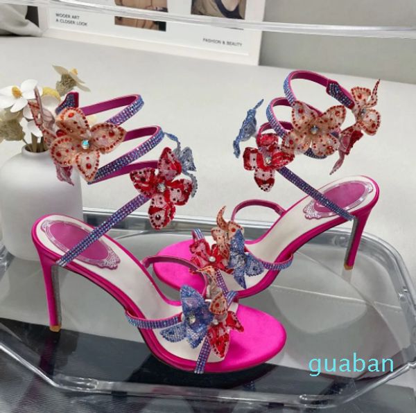 

sandals rene fuchsia rome rene caovilla serpentine 9.5cm high heeled shoe designers crystal rhinestone flower decoration stiletto women sand, Black