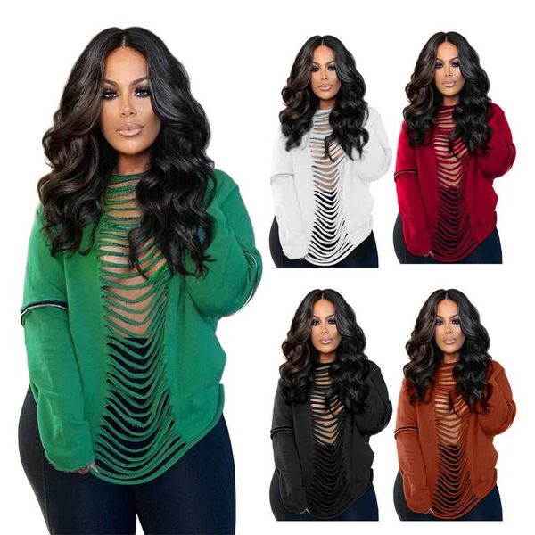 

fashion r 2023 new womens solid color hole burning new long sleeve sweater large ladies dress 5 colours s-xxxl, Black