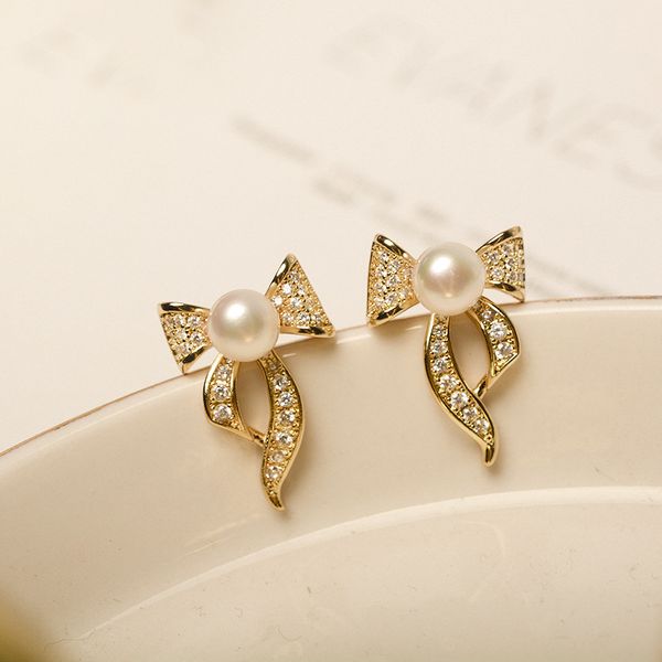 

freshwater pearl earrings s925 silver needle crystal bow ear studs lady/girl fashion jewelr, Golden;silver