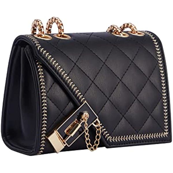 

women's quilted crossbody bag - flap pu leather shoulder bag, fashion chain small square purse, evening clutch handbag
