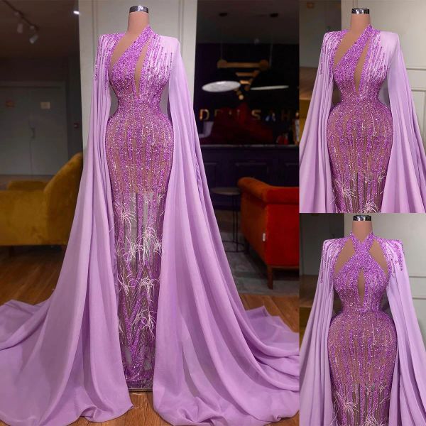 

2023 lavender evening dresses with cape mermaid illusion sparkly sequins feather custom made formal occasion wear arabic prom gown vestidos, Black;red
