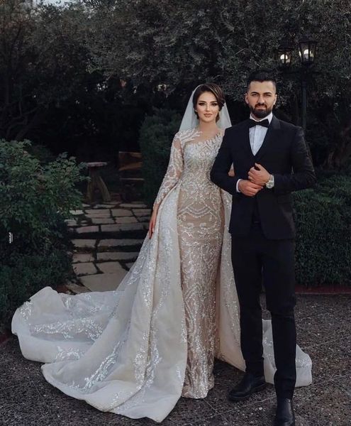 

exquisite mermaid wedding dresses long sleeves v neck 3d lace beaded sequins appliques formal dresses detachable train bridal gowns plus siz, White
