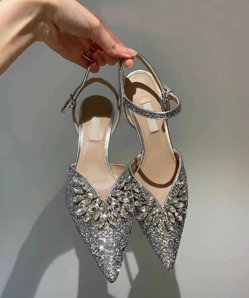

red bottom shoes 2023 elegant bridal wedding dress sandals shoes silver glitter leather technical fabric slingback women's crystal-embe, Black