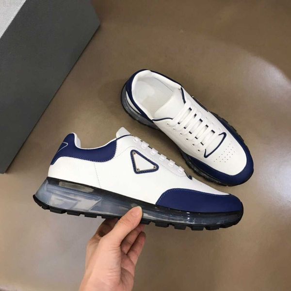 

2023 black white brushed leather casual shoes for men triangle runner sneaker lace-up sporty trainers chunky rubber tread sole
