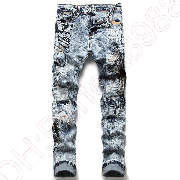 

new jeans chino pants pant men's trousers stretch close-fitting slacks washed straight skinny embroidery patchwork ripped mens trend br, Blue