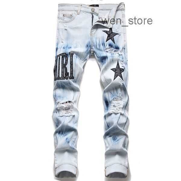 

designer mens jeans hiking pant ripped hip hop high street fashion brand pantalones vaqueros para hombre motorcycle embroidery close fitting, Blue