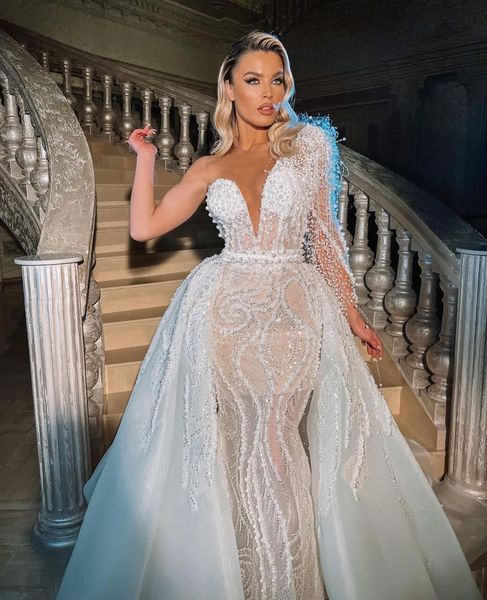 

luxury mermaid wedding dresses one long sleeve v neck beaded pearls sequins appliques formal dresses detachable train bridal gowns plus size, White