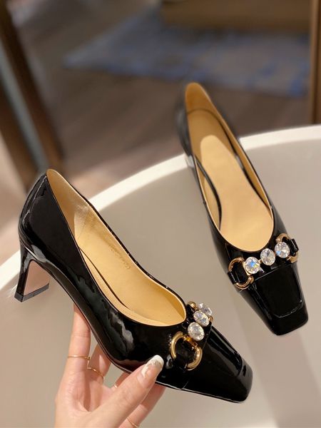 

new square-headed high-heeled formal shoes fashion single shoes cow paint leather upper sheepskin lining comfortable shallow women's sh, Black