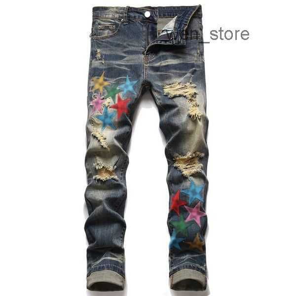 

designer mens jeans hiking pant ripped hip hop high street fashion brand pantalones vaqueros para hombre motorcycle embroidery close fitting, Blue
