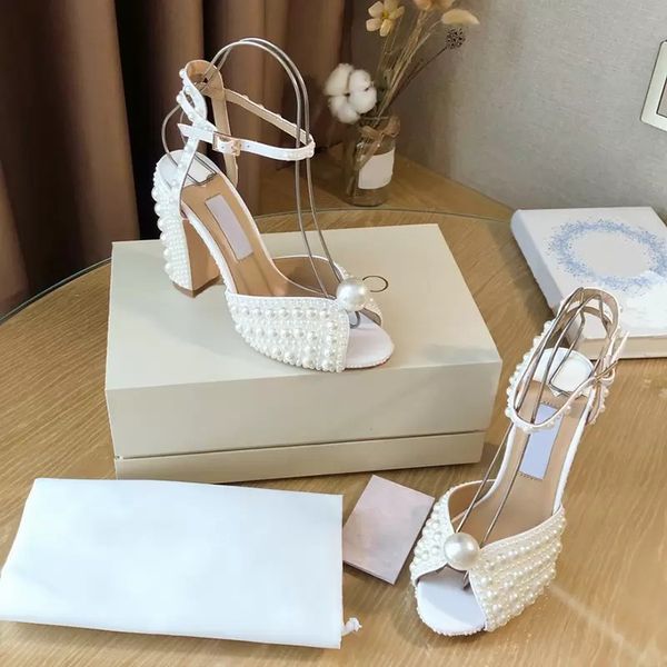 

23s london brands sacora sandals shoes for bidal wedding high heels white pearls leather ankle strap peep toe elegant lady pumps eu35-43, Black