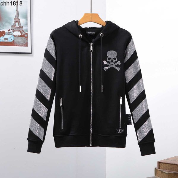 

plein bear brand warm thick sweatshirt hip-hop loose characteristic personality skull pullover rhinestone luxury men's hoodie 40, Black