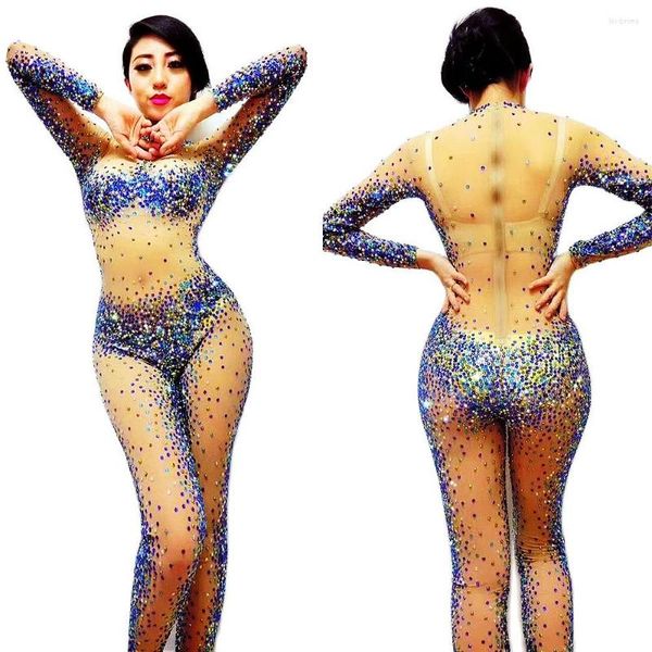 

stage wear perspective dance mesh gauze full rhinestones jumpsuit shiny costume women nightclub show party evening costumes, Black;red