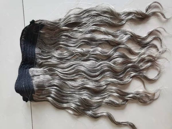 

salt and pepper silver grey halo hair extension real human wavy straight fish line flip in hair weft hairpiece 1pcs 140g diva1, Black;brown