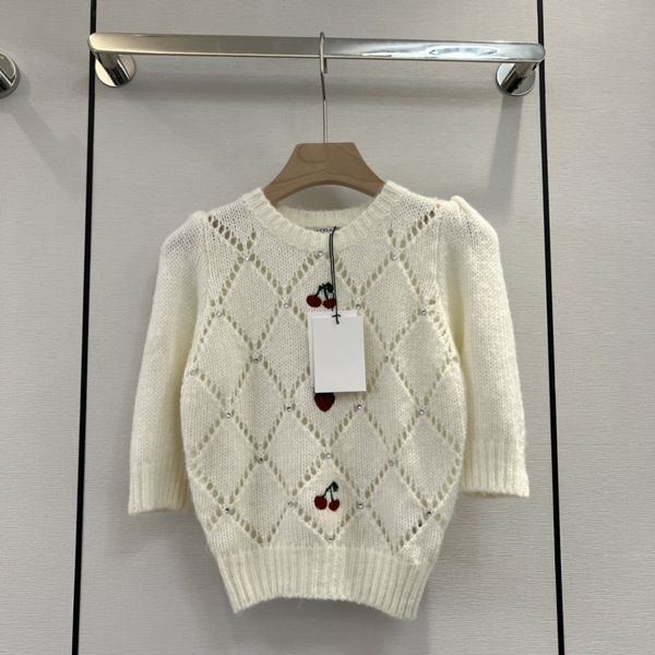 

cute breath cherry rhinestone hollow-out short knit sweater, White;black
