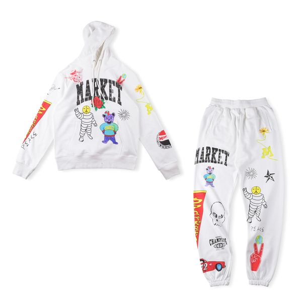 

23ss autumn winter artists cartoon tracksuit set hoodie pants suit racing cars outdoor men women streetwear hooded sweatshirt trousers sweat, Black