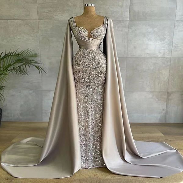 

sparkly arabic mermaid prom dresses sequined pleat cape ruched evening party formal dress for women robe de mariage, Black