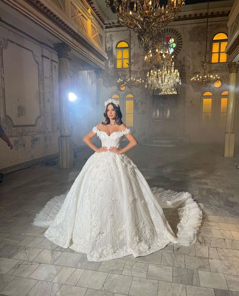 

luxury ball gown wedding dresses appliques v neck sleeveless off shoulder sequins ruffles appliques floor length feather formal dresses brid, White