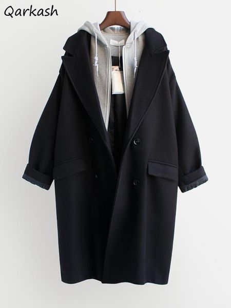 

womens wool blends hooded fake two pieces blends women winter females loose allmatch thick warm long style outerwear fashion korean college, Black