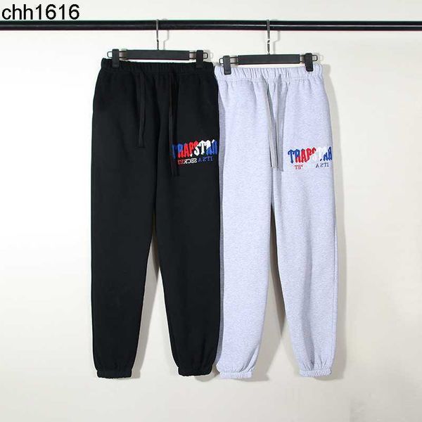

american style high street crowd rap fashion brand trapstar blue and red towel embroidery men's and women's loose casual pants, Black