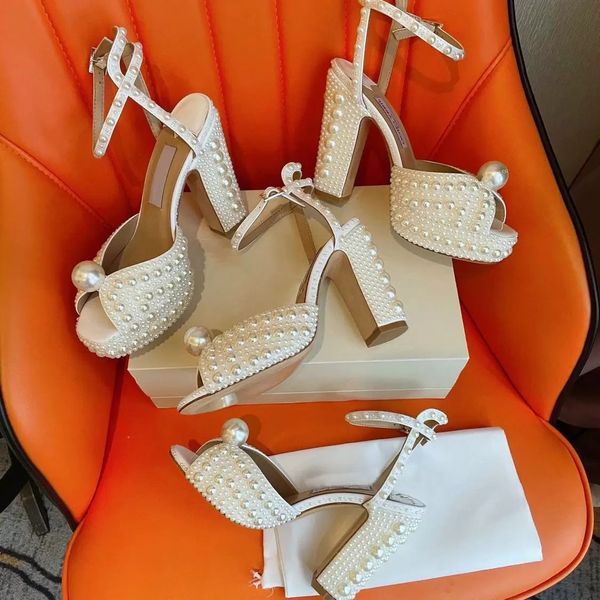 

women bride wedding high heels sandals luxury high-heels bridal shoes sacaria platform sandals pearl embellishment sacoras with box, Black