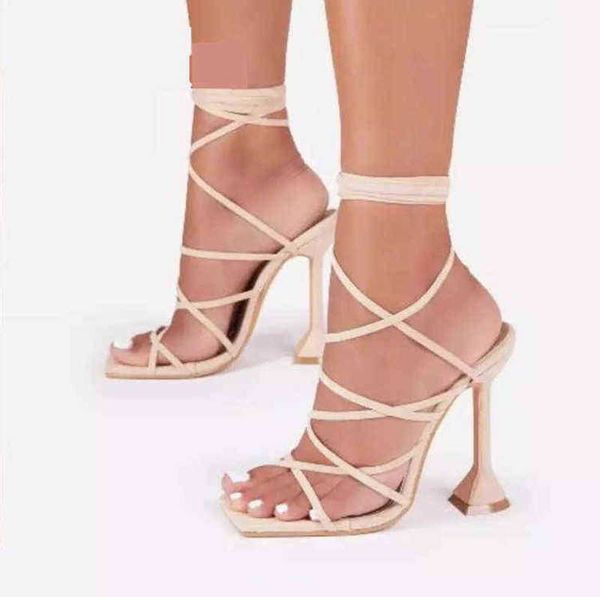 

slipper whnb 2022 new summer lace up women sandal square nose spike heel cro tied party shoe high pump 220622, Black