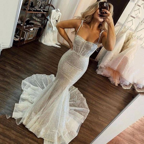

2023 sparkly sequins mermaid wedding dresses bridal gown spaghetti straps tulle custom made beach country plus size vestido de novia, White
