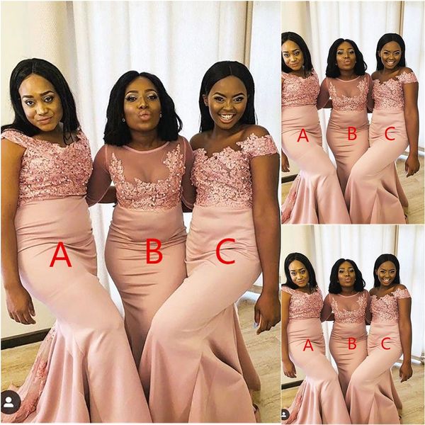 

elastic satin mermaid floor-length bridesmaid dresses new custom formal dresses bateau dress sleeveless prom party gown, White;pink