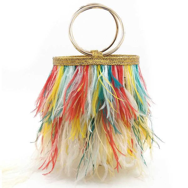 

evening bag real ostrich feathers bucket handbag bags women pink green diamond