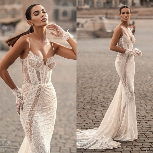 

berta 2023 mermaid wedding dresses spaghetti neck full lace bridal gown beach boho sweep train vestido de novia, White