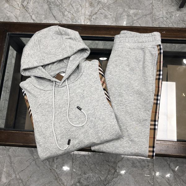 

new men's patchwork plaid casual sports tracksuits luxury brand design classic hooded sweater set, Gray