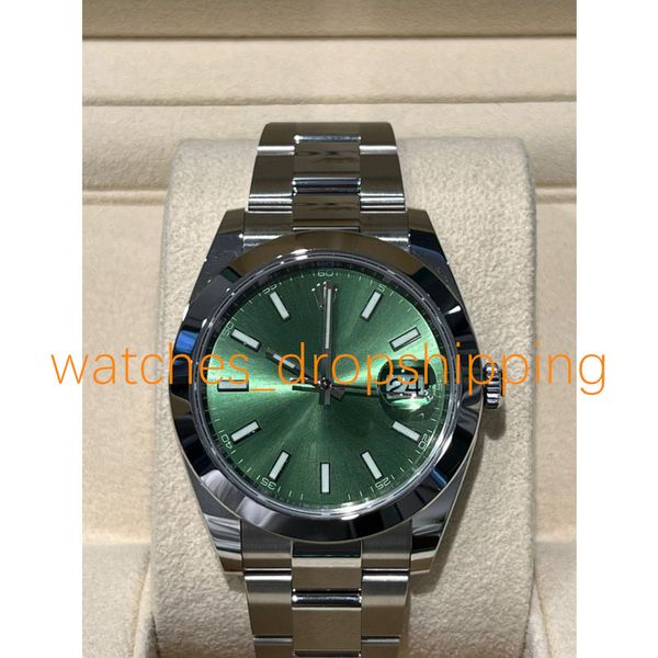 

classic mens watch 41mm green dial smooth bezel automatic mechanical womens stainless steel oyster strap luminous sport fashion wristwatch, Slivery;brown